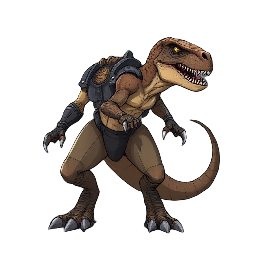 a muscular anthropomorphic t-rex warrior with digitigrade legs, thick tail, and clawed hands. reptilian skin with scaly texture, wearing minimal futuristic armor or alien tech embedded in body. tall, intimidating posture, fierce expression. styled for a s