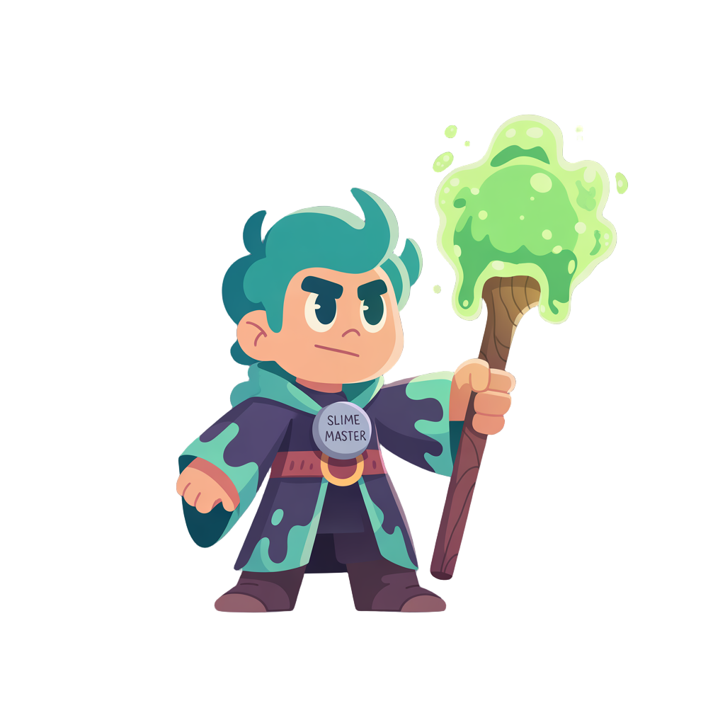a mage that fights with slimes, has a staff which he uses to attack the opponents.