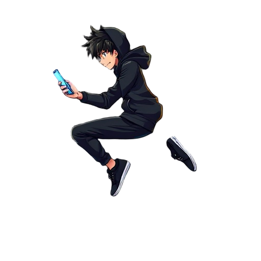 full body anime boy character in side profile, mid-jump pose. he wears a black hoodie, black pants, and black sneakers. he is holding a smartphone glowing with neon light. dynamic motion, cyberpunk vibe, dramatic lighting, stylish anime character design, 
