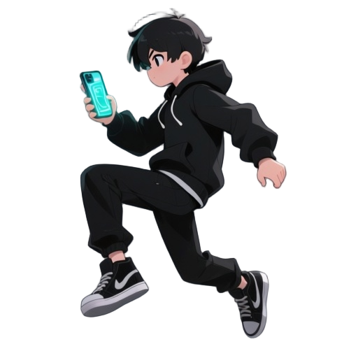 full body anime boy character in side profile, mid-jump pose. he wears a black hoodie, black pants, and black sneakers. he is holding a smartphone glowing with neon light. dynamic motion, cyberpunk vibe, dramatic lighting, stylish anime character design, 