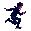 full body anime boy character in side profile, mid-jump pose. he wears a black hoodie, black pants, and black sneakers. he is holding a smartphone glowing with neon light. dynamic motion, cyberpunk vibe, dramatic lighting, stylish anime character design, 