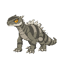 a concept pokemon idea of larger komodo lizard which is bipedal. on its head lies a black triangular pattern and is bearing teeth. it's eyes glow a fierce amber. its body contains ringed or triangular patterns as well. its tail is longer, has silver, jagg