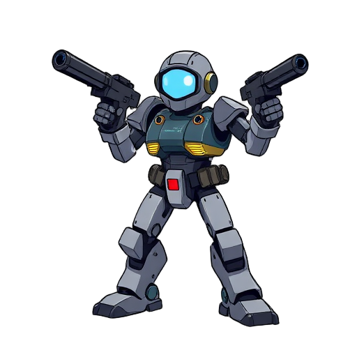 mech robot wielding a submachine gun, two legs and two arms, glowing vise in the head, dual wielding submachine guns