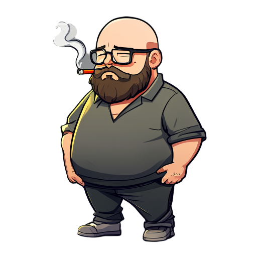 chubby bald man with glasses, a beard and cigarette
