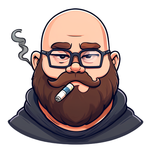 chubby bald man with glasses, a beard and cigarette