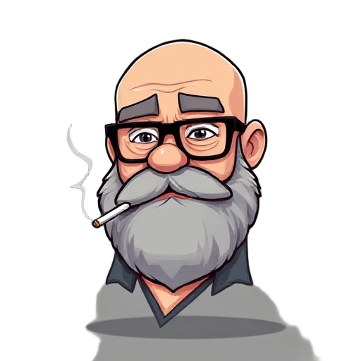 chubby bald man with glasses, a beard and cigarette