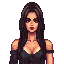 a woman with long dark brown hair and short bangs mortal kombat type