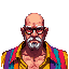 chubby  bald man in his 50s with glasses a coloful shirt and a cigarette mortal kombat type