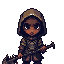 hooded character wearing mixed medieval and modern clothes, holding a rusty blade-like object. rough and sneaky appearance, fantasy style.