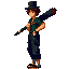 a young male hero with curly brown hair partially covered by a black top hat, wearing a dark green shirt, black cargo pants, and sandals with socks. he carries a folded umbrella on his back like a sword. the style is detailed and cinematic, inspired by 16