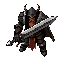 a grim fantasy warrior, rendered in a top-down perspective with a visual style highly reminiscent of diablo ii's character sprites. the warrior is heavily armored, wielding a large two-handed sword, and appears battle-hardened