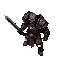 a grim fantasy warrior, rendered in a top-down perspective with a visual style highly reminiscent of diablo ii's character sprites. the warrior is heavily armored, wielding a large two-handed sword, and appears battle-hardened