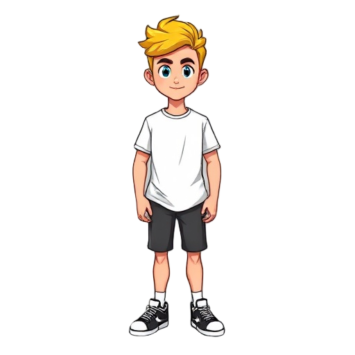 crie personagem : cabelo loiro, camisa branca, calça preta, tênis nike branco, corpo inteiro, estilo 16-bit, pose em pé, fundo limpo