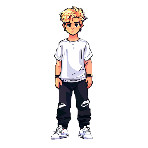 crie personagem : cabelo loiro, camisa branca, calça preta, tênis nike branco, corpo inteiro, estilo 16-bit, pose em pé, fundo limpo