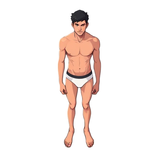 a male character wearing only underwear, standing in a relaxed idle pose. slightly exaggerated proportions: larger head, slim torso, long limbs. three-quarter perspective, slightly from below eye level, emphasizing readability and clear silhouette. subtle