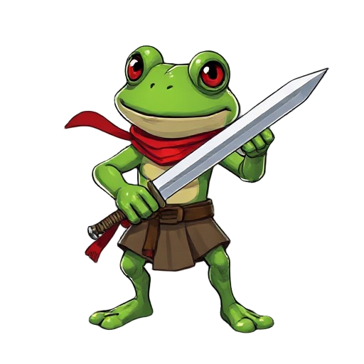 humanoid frog warrior, light chest armor, bare arms, red scarf, holding a simple sword, basic lower clothing, evil expression, battle-ready pose