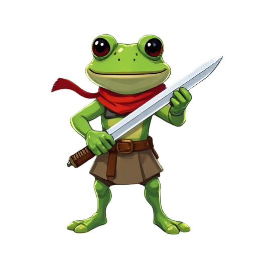 humanoid frog warrior, light chest armor, bare arms, red scarf, holding a simple sword, basic lower clothing, evil expression, battle-ready pose