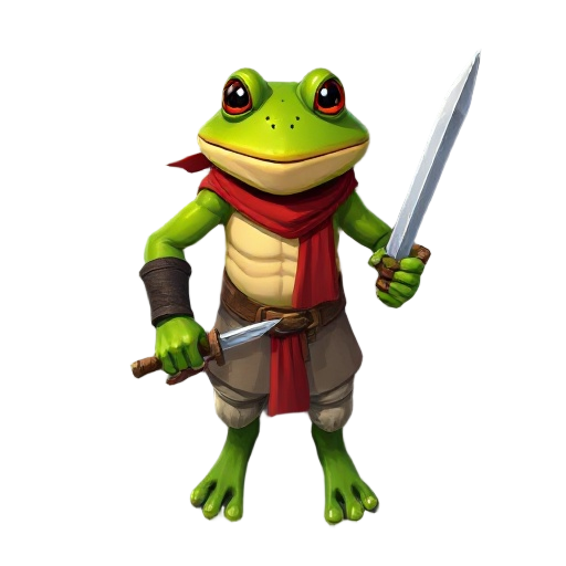 humanoid frog warrior, light chest armor, bare arms, red scarf, holding a simple sword, basic lower clothing, evil expression, battle-ready pose