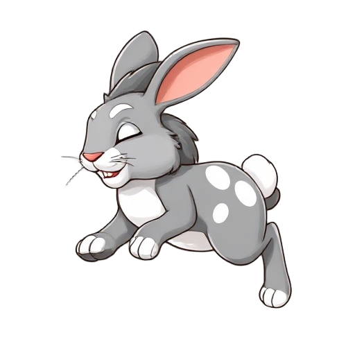 realistic lion head rabbit character. grey and white rabbit with large white spots. on all fours up down left right animations for run, jump stomp, kick and sleep