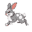 realistic lion head rabbit character. grey and white rabbit with large white spots. on all fours up down left right animations for run, jump stomp, kick and sleep