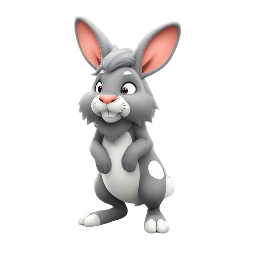 realistic lion head rabbit character. grey and white rabbit with large white spots. on all fours up down left right animations for run, jump stomp, kick and sleep