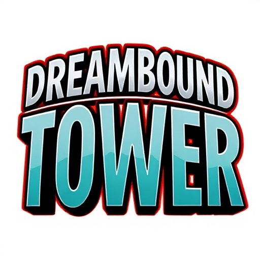 bold cinematic wordmark "dreambound tower", large arched letters, heavy display type, thick red outline with thin white inner border and deep black drop shadow, subtle bevel and inner gradient (silver → teal), high-contrast comic-poster style, transparent