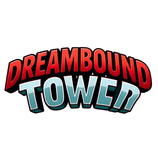 bold cinematic wordmark "dreambound tower", large arched letters, heavy display type, thick red outline with thin white inner border and deep black drop shadow, subtle bevel and inner gradient (silver → teal), high-contrast comic-poster style, transparent