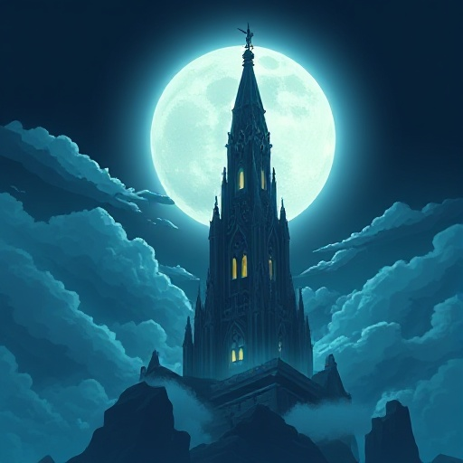 a towering fantasy spire piercing moonlit clouds, gothic-modern architecture with faint glowing runes, floating rocks and bluish mist, subtle humanoid silhouette on the summit (very faint), cinematic rim light, deep indigo-teal palette, negative space for