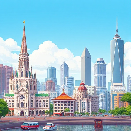 city skyline of saigon, featuring iconic landmarks, including notre dame basillica, bitexco financical tower, ben thanh market, vietcombank tower and landmark 81