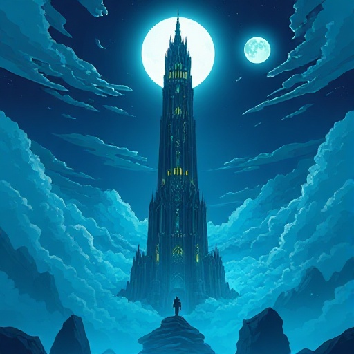 an endless 100-floor fantasy tower soaring into the sky, gothic-modern style with glowing runes, vanishing into moonlit clouds, floating rocks, bluish mist, faint silhouette on summit, cinematic rim light, deep indigo-teal palette, negative space for ui -