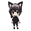 create a pixel character model of a chibi styled androgynous girl, with anime styled black hair with a short ponytail, a cap on her head, with fluffy fox ears poking out of it. black top and pants