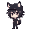 create a pixel character model of a chibi styled androgynous girl, with anime styled black hair with a short ponytail, a cap on her head, with fluffy fox ears poking out of it. black top and pants