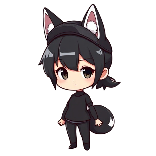 create a character model of a chibi styled androgynous girl, with anime styled black hair with a short ponytail, a cap on her head, with fluffy fox ears poking out of it. black top and pants