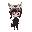 create a pixel character model of a chibi styled androgynous girl, with anime styled black hair with a short ponytail, a cap on her head, with fluffy fox ears poking out of it. black top and pants