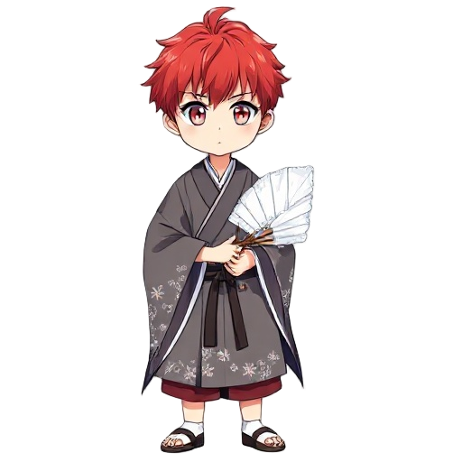 red haired anime boy with heterochromatic eyes wearing doma kimono holding white icy fan