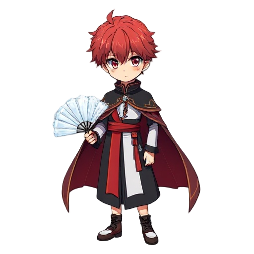 red haired anime boy with heterochromatic eyes wearing doma style priest outfit holding white icy fan