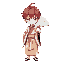 red haired anime boy with heterochromatic eyes wearing doma kimono holding white icy fan