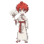 red haired anime boy with heterochromatic eyes wearing doma style priest outfit holding white icy fan