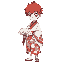 red haired anime boy with heterochromatic eyes wearing doma kimono holding white icy fan