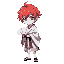 red haired anime boy with heterochromatic eyes wearing doma kimono holding white icy fan