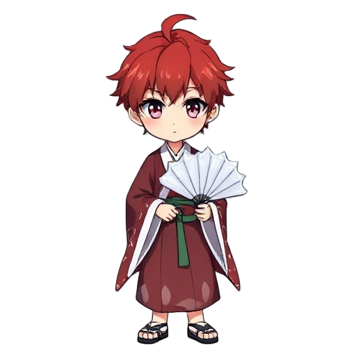 red haired anime boy with heterochromatic eyes wearing doma kimono holding white icy fan