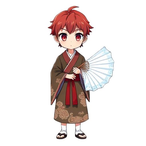 red haired anime boy with heterochromatic eyes wearing doma kimono holding white icy fan