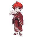 red haired anime boy with heterochromatic eyes wearing doma kimono holding white icy fan