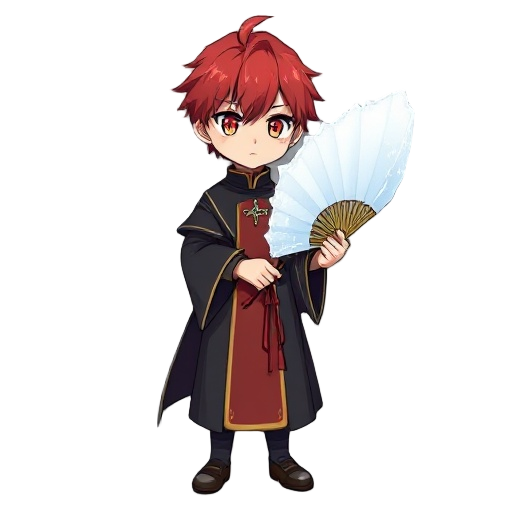 red haired anime boy with heterochromatic eyes wearing doma style priest outfit holding white icy fan