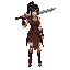 slim athletic black-haired woman. gladiator-inspired outfit: leather skirt, bracers, shin guards, single shoulder armor piece. holding a large greatsword casually resting on her shoulder, relaxed stance. strong readable silhouette, exaggerated weapon size