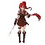 slim athletic red-haired woman. gladiator-inspired outfit: leather skirt, bracers, shin guards, single shoulder armor piece, no helmet. wields a thin katana-like sword. flowing red cape or sash trailing dramatically behind.