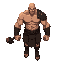 huge muscular bald man. gladiator theme: shirtless upper body, wearing leather skirt (loincloth style), bracers, shin guards. wields a heavy hammer. strong silhouette with exaggerated muscles. dark muted tones for armor/leather.
