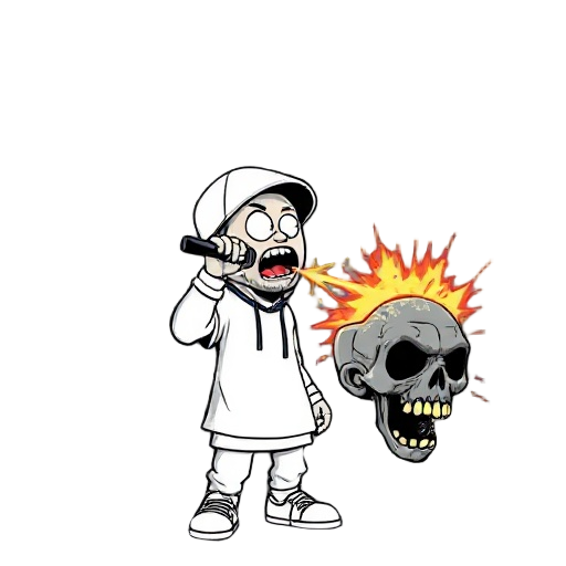 a white rapper holds the mic like a weapon, spitting bars—each punchline launches a shockwave that explodes a zombie head.