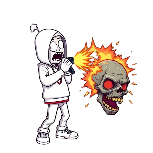 a white rapper holds the mic like a weapon, spitting bars—each punchline launches a shockwave that explodes a zombie head.