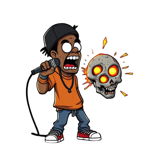 a rapper holds the mic like a weapon, spitting bars—each punchline launches a shockwave that explodes a zombie head.